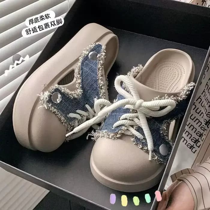 Mules à plateforme en jean tendance avec franges pour femme, sandales décontractées à lacets et bout
