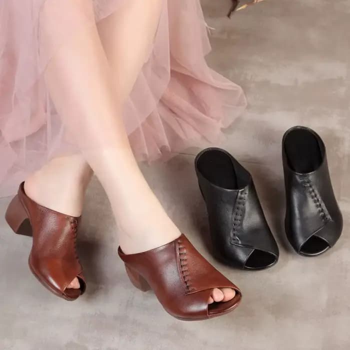 Sandales à Talons Mi-Hauts pour Femme, Chaussures à Bout Ouvert, en Cuir Microcarence, Noir et Marron, Design Original, à la Mode, Été 2021, Livraison Directe