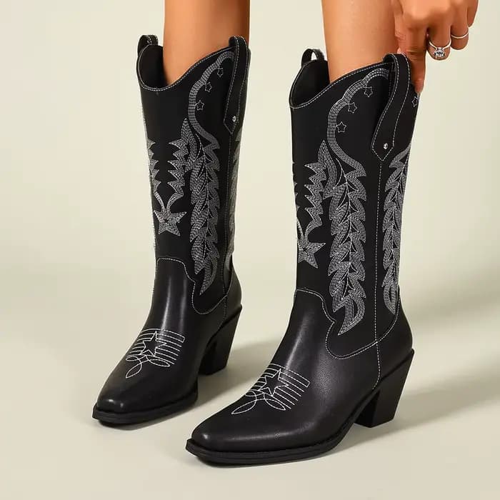 Bottes Western noires brodées avec talon épais, bout carré, style bohème, style européen et américai