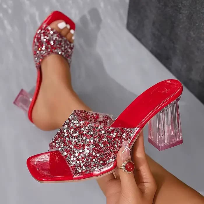 Paillettes brillantes pantoufles à talons hauts pour femmes mode d'été bout carré sandales à talons transparents femme or argent paillettes diapositives