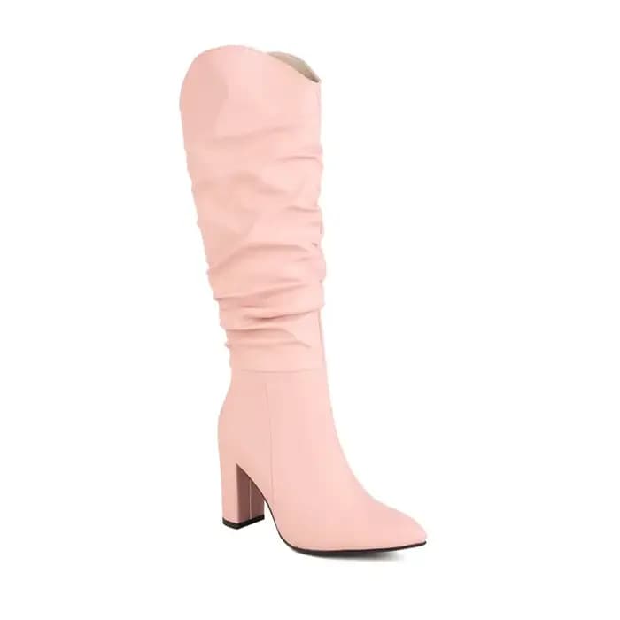 Bottes en cuir rose plissé bleu ciel pour femmes, talon optique de 8cm, bottes pointues courtes, fourrure, fermeture à glissière latérale, mode sexy, hiver, 34-48, 2024