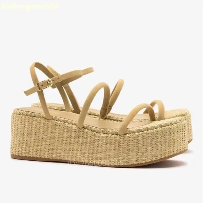 Sandales compensées à plateforme beige à fines brides, style espadrille, avec bride de cheville et bout ouvert, pour femme, chaussures décontractées d'été pour la plage et les vacances
