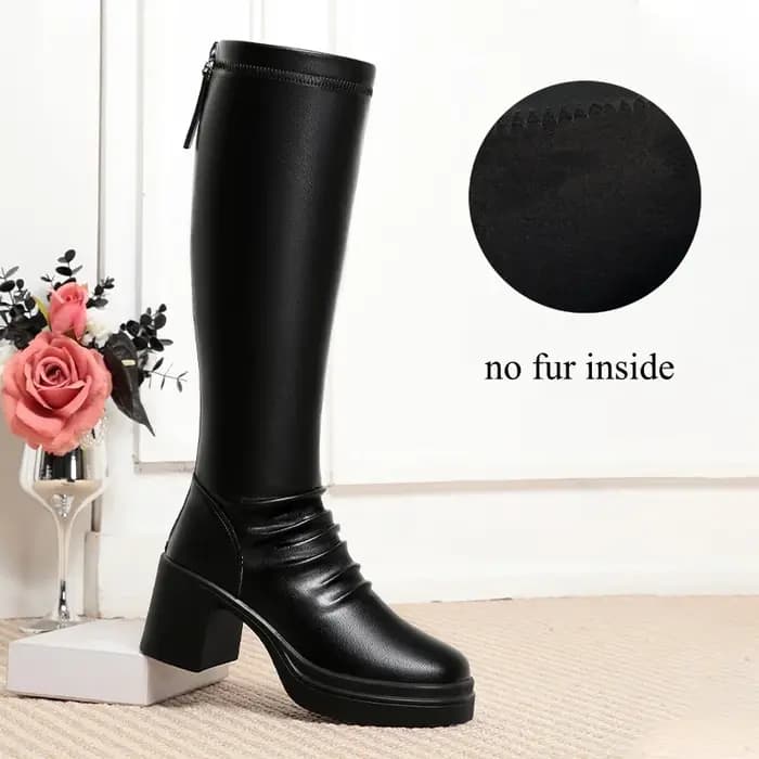 Bottes en cuir à talon carré confortable de 7 cm pour femme, élégantes, chaudes, noires, longues jusqu'au genou, pour l'hiver 2026, idéales pour le quotidien
