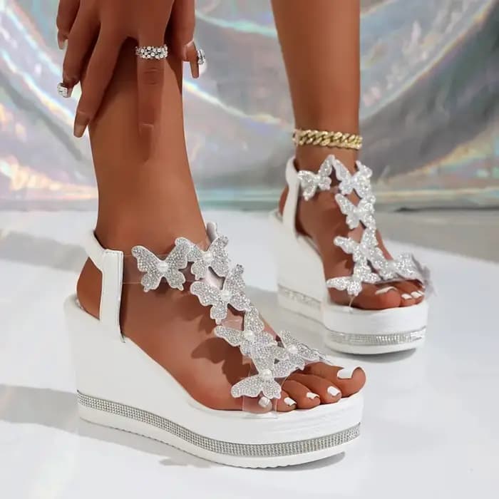 Sandales à talons hauts pour femmes, plateforme, sandales papillon à la mode, décoration strass, chaussures populaires parmi les orteils pour femmes