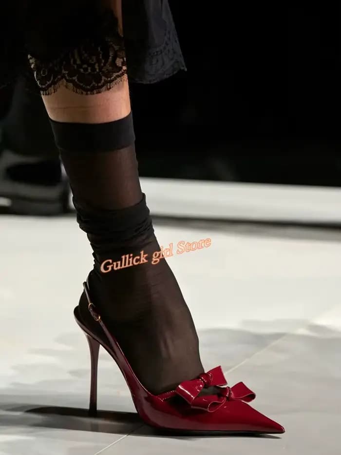 Escarpins en cuir verni à nœud papillon, sexy, à bout pointu, à enfiler, style défilé, collection Pr