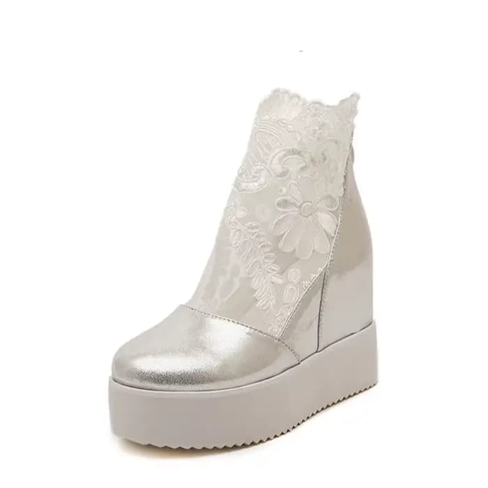 Super talons hauts été dentelle chaussures femme bout rond plate-forme sandales zip ouvert fleur maille compensées botas mujer creepers sandalias