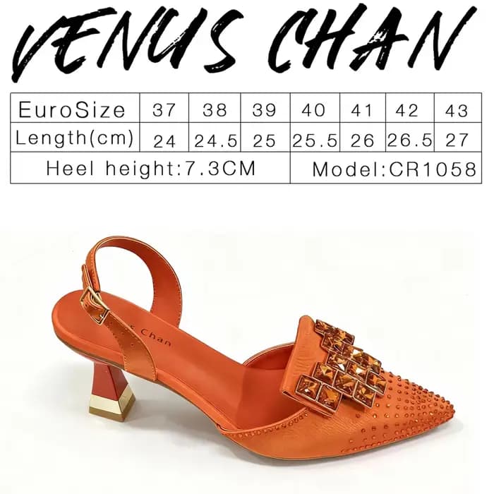 Venus Chan 2026 – Élégantes sandales à talons hauts et bout pointu ornées de strass orange – Chaussu