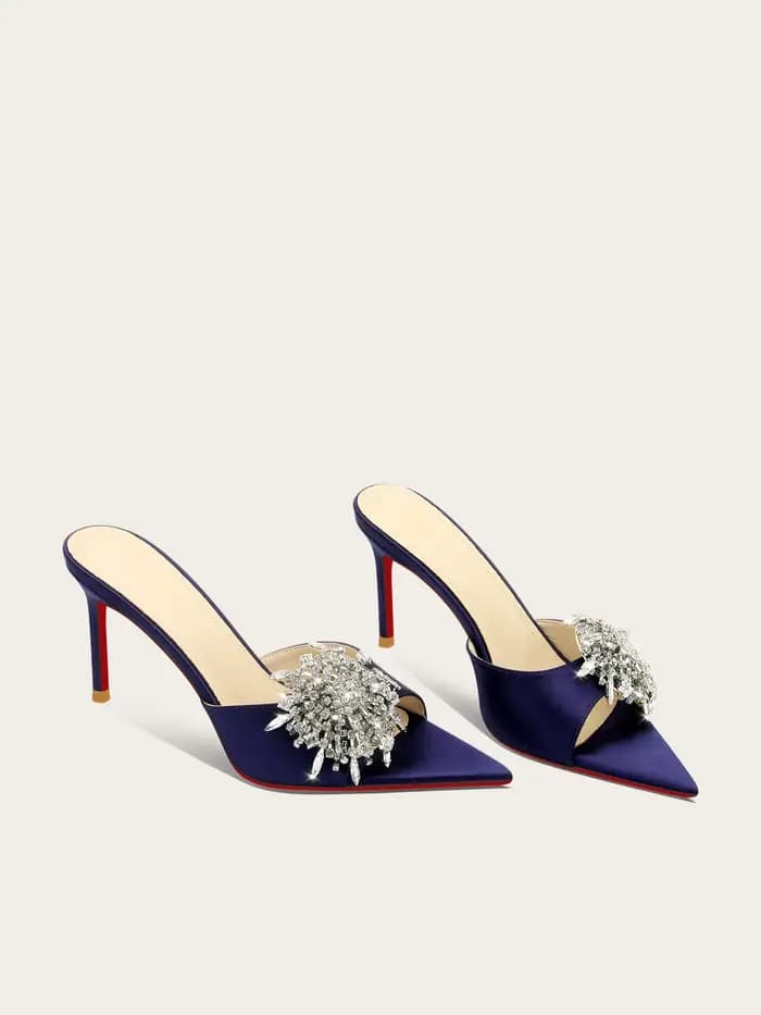 Nouvelles sandales de luxe léger bleu marine à bout pointu orné de fleurs en cristal, élégantes et ouvertes, pour femmes, mules d'extérieur
