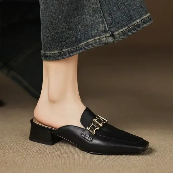 Mules pour femmes, mocassins à enfiler, bout carré, talon carré bas, aspect cuir, pantoufles sans talon, décoration métallique, chaussures décontractées de bureau