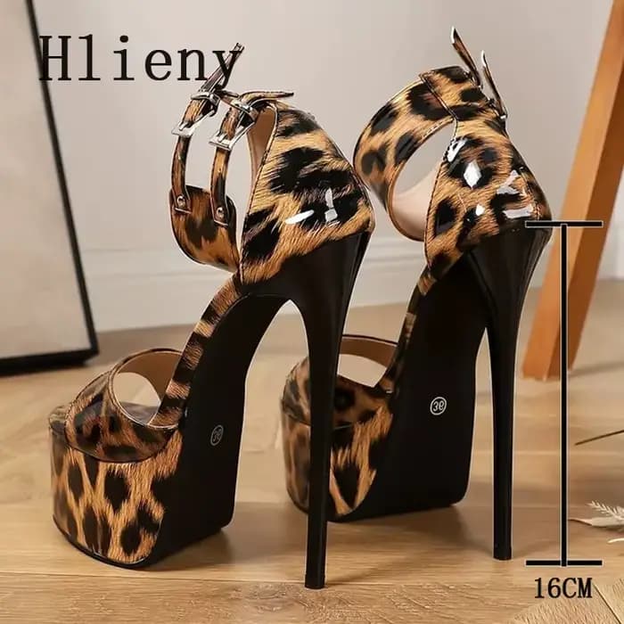 Hlieny nouveau Sexy imprimé léopard sandales femme mode cheville boucle sangle bout ouvert plate-forme talons hauts Banquet robe de soirée chaussures