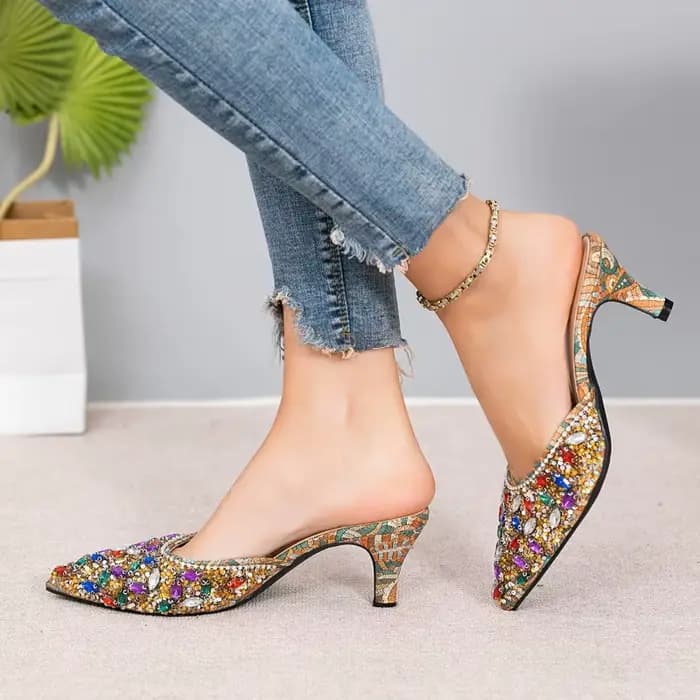 Pantoufles de luxe à talons chaton et strass pour femmes