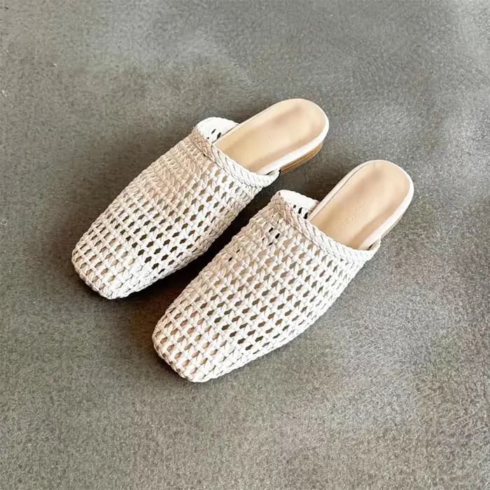 Femme chaussures femmes Mules bout carré évider deux couches peau de vache