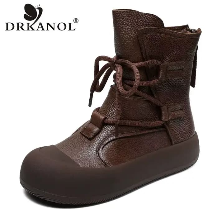 DRKANOL fait à la main rétro romain bottines pour femmes en cuir véritable grosse plate-forme dos fe