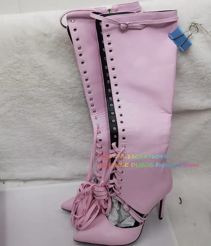 Blanc bout pointu à lacets genou botte haute femmes été nouveau Sexy creux boucle sangle talon aiguille avant croix attaché sandales