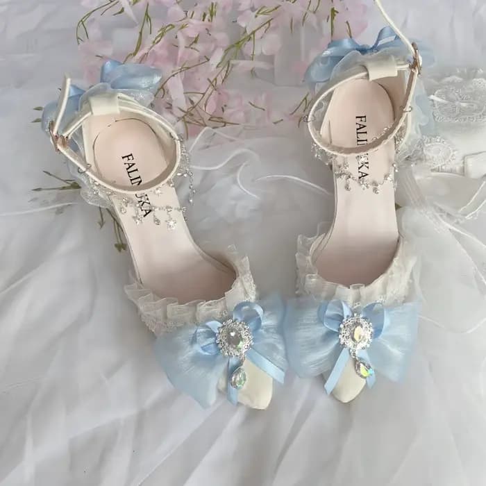 Chaussures Lolita à talons blancs et bleus pour femmes, chaussures Mary Jane, chaussures de mariage à plateforme, chaussures élégantes à talons pour fête