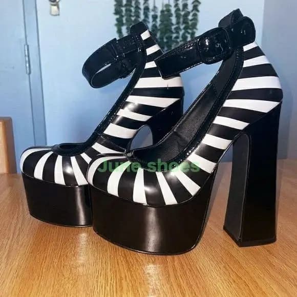 Lady Gladiator Design rayé plate-forme boucle sangle Mary Janes talon épais noir blanc piste micro couleur nouvelle arri