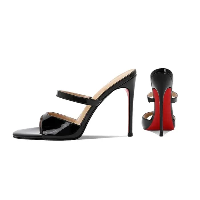 Sandales en cuir verni noir, pantoufles d'extérieur pour femmes, talons fins, bout rond, orteils exposés, nouveaux talons hauts d'été sexy