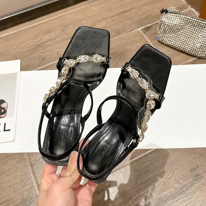 Sandales à talons hauts pour femmes élégantes bout carré embellissements de strass brillants