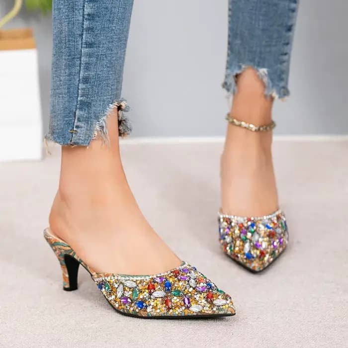 Pantoufles de luxe à talons chaton et strass pour femmes