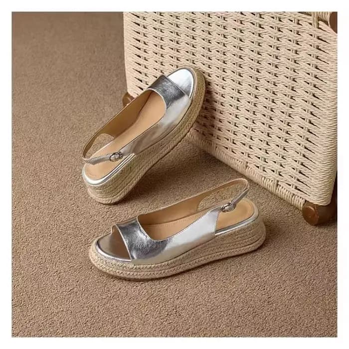 Sandales en paille à bout rond pour femmes, sandales à bout ouvert en paille compensée surélevée