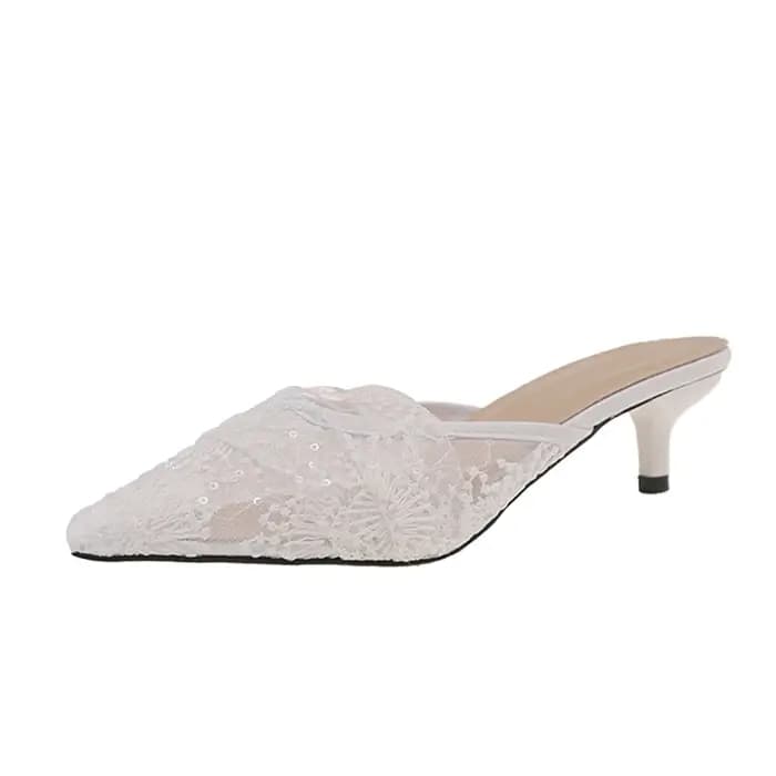 Mules à talons chaton en dentelle brodée blanche pour femmes
