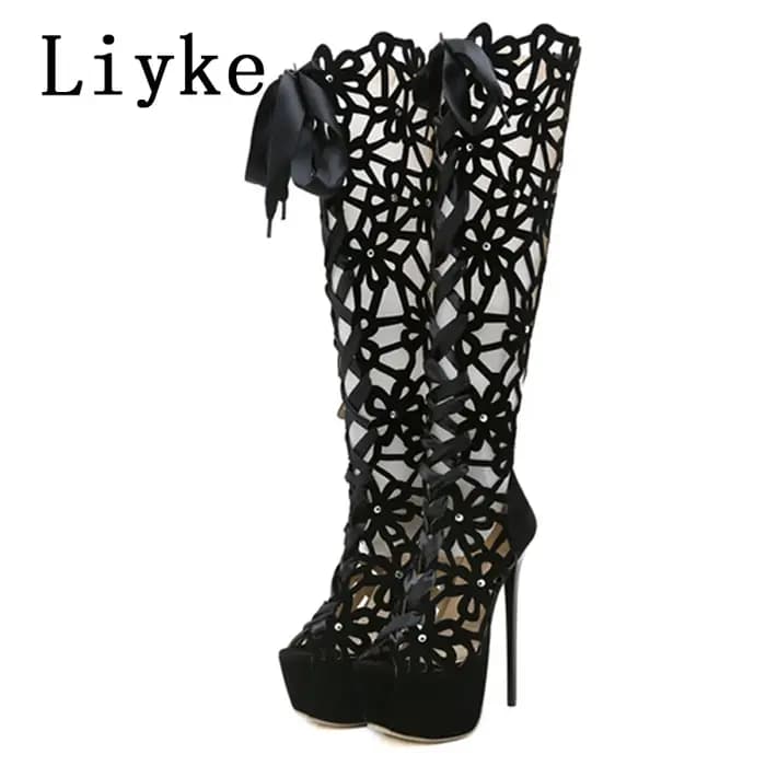 Liyke 16CM Ultra mince talons hauts Sexy discothèque évider sur les bottes au genou femmes Peep orteil à lacets Zip plat