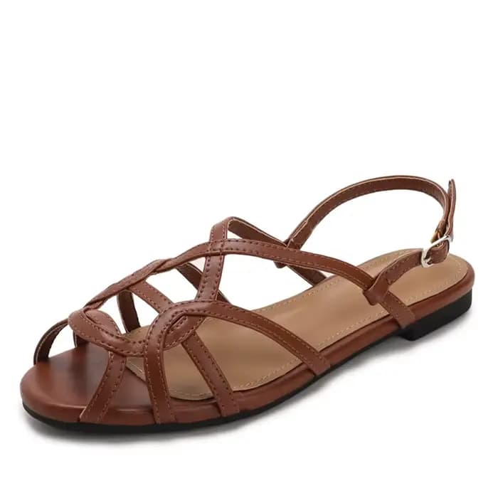 Chaussures plates tressées à bride en T pour femmes, sandales décontractées à bout rond, chaussures