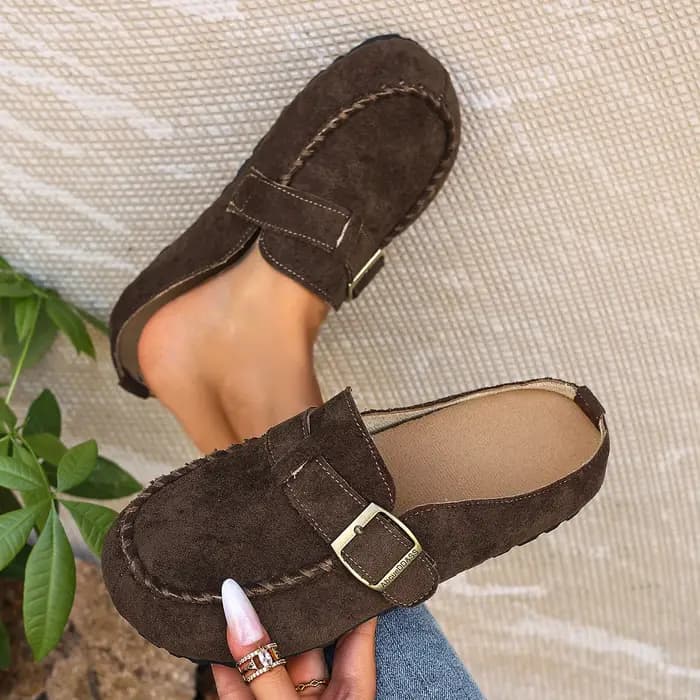 Mules en daim vintage à semelle épaisse pour femme, été 2026, chaussures plates à plateforme souple avec boucle métallique, pantoufles décontractées d'extérieur pour femme