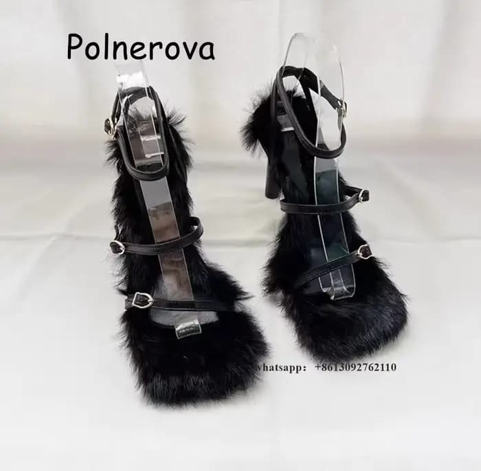 Sandales Parker Carrées en Fourrure pour Femmes, Talons Fins, Ceinture Un Mot, Conception Globale, S
