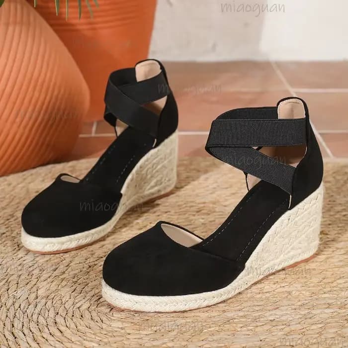 Sandales compensées espadrilles pour femmes à bout couvert, à bride cheville, confortables, à enfile