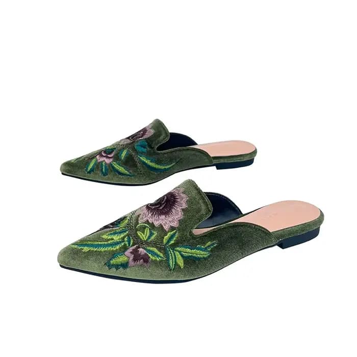Velours broderie fleur Mules Femme chaussures élégantes pointu bout fermé pantoufles sans lacet chaussures plates diapositives Femmes Pantuflas Sandalias