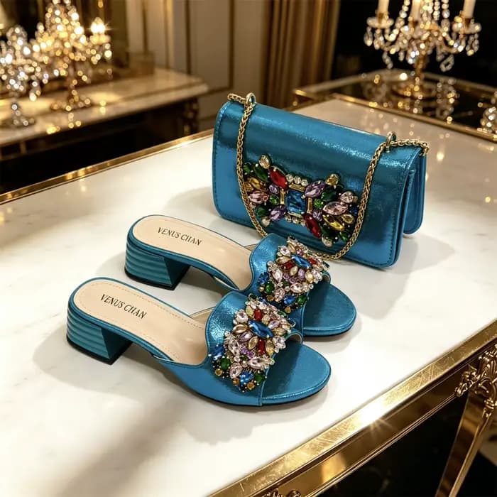 Mules bleu ciel métallisé 2026 avec strass et sac bandoulière assorti - Sandales à talon carré pour femme pour mariages et soirées