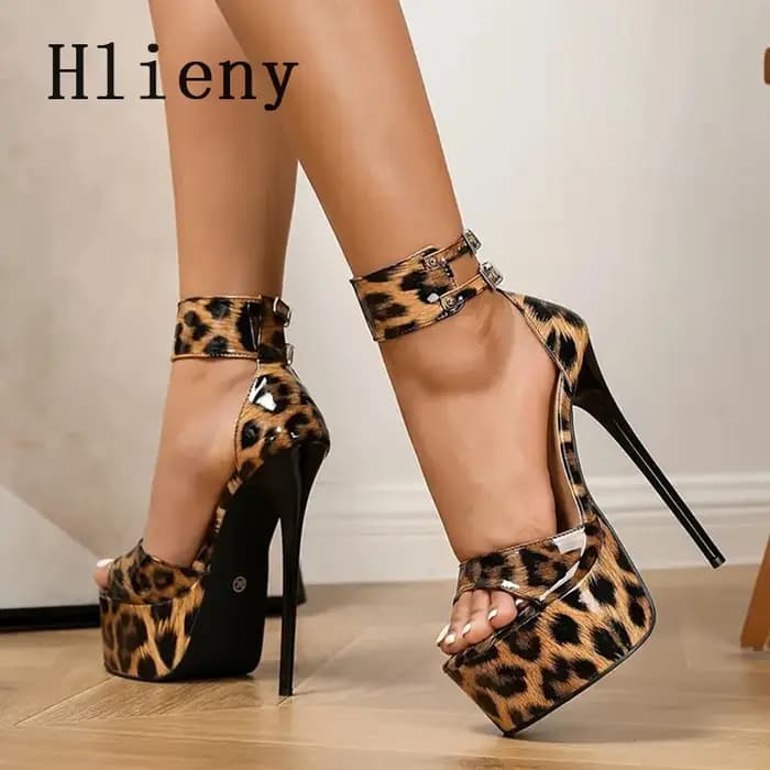 Hlieny nouveau Sexy imprimé léopard sandales femme mode cheville boucle sangle bout ouvert plate-forme talons hauts Banquet robe de soirée chaussures