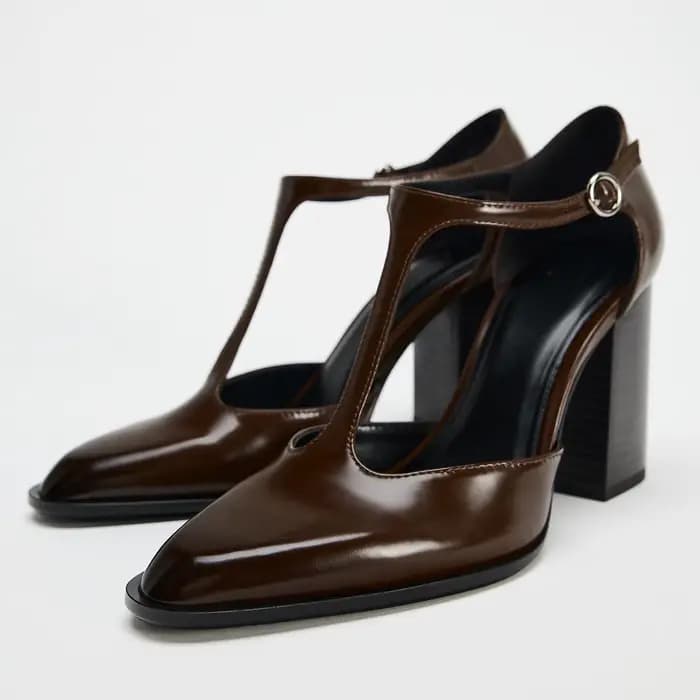 Escarpins à lanières en Faux cuir marron pour femmes, chaussures à talons bloc à bout pointu Vintage