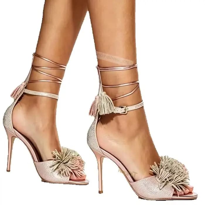 Nouvelles sandales à strass style tendance, décorées de pompons, à lacets, à bout ouvert, talons fins, couleur unie, chaussures d'été sexy pour femmes