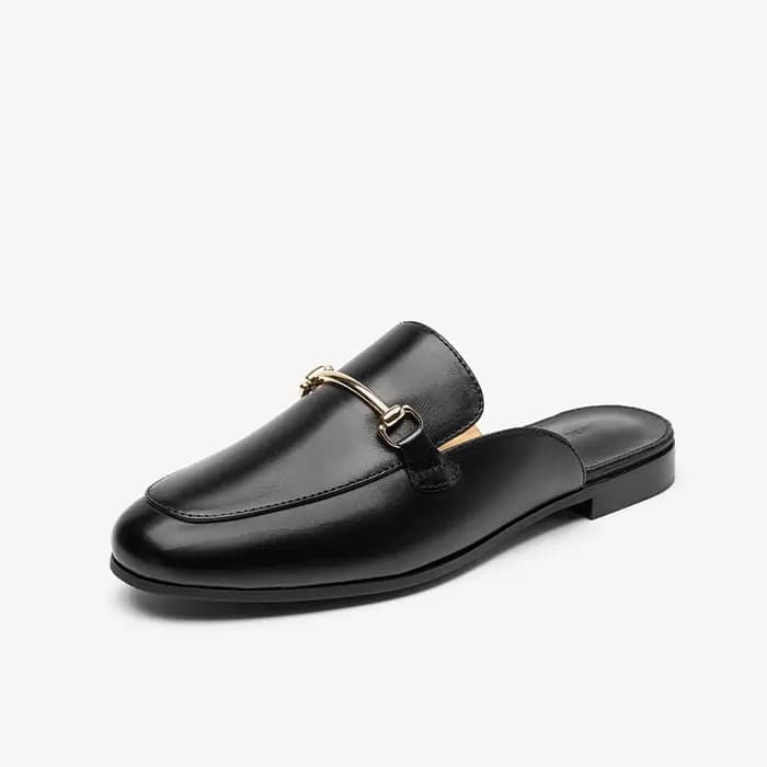 BEAUTODAY Mules décontractées femmes en cuir de veau décoration en métal couleur unie pantoufles mode dames chaussures plates à la main 36265