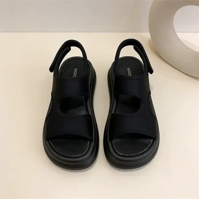 Sandales compensées noires pour femmes 2026 – Nouveauté décontractée à semelle épaisse, bout ouvert, fermeture Velcro, sandales de sport confortables et antidérapantes pour l'été, chaussures de plage