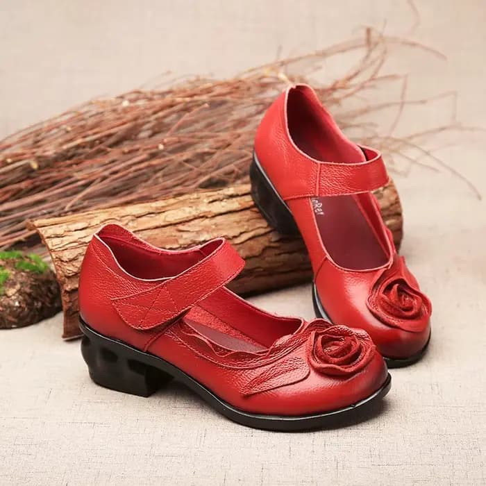 Sandales en cuir de vachette vintage pour femmes, chaussures à essence Mary, talons bas avec fleur,