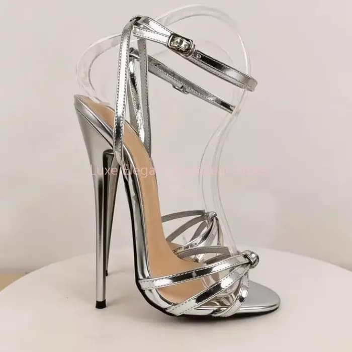 Sandales à talons très hauts peep toe en cuir verni pour femme, 16/14 cm, à fines brides, sexy et te