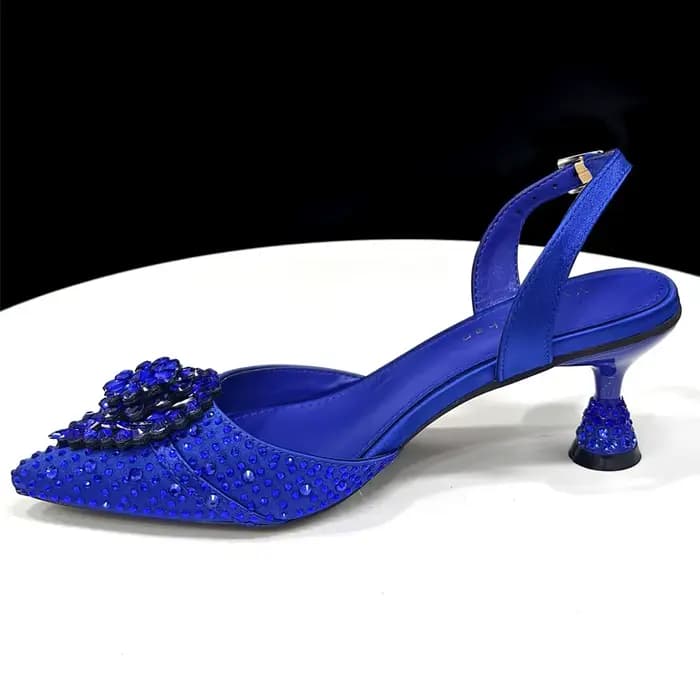 Chaussures à talons hauts confortables et sac assorti en strass bleu Venus Chan – Style mode à bout pointu pour femme ou chaussures de ville