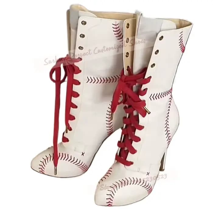 Rétro Stlyle blanc mat rouge cousu mi-mollet bottes femmes mince talon haut croix à lacets bottes mo