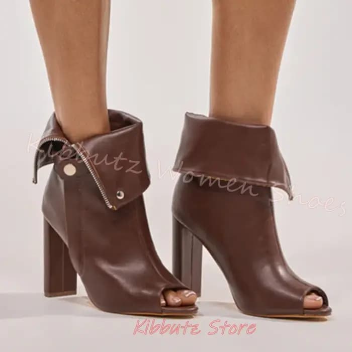 Bottines pour femmes à bout ouvert, talons carrés épais, fermeture éclair, style vintage, décontractées, en cuir, couleur unie, mode, sexy, élégantes