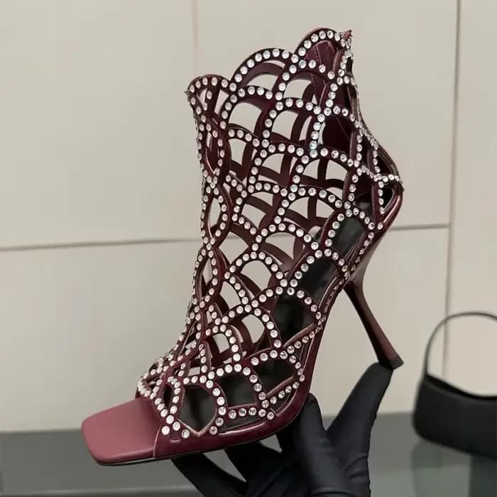 Sandales à talons hauts et fins en cristal brillant pour femmes, bottes ajourées à bout ouvert avec