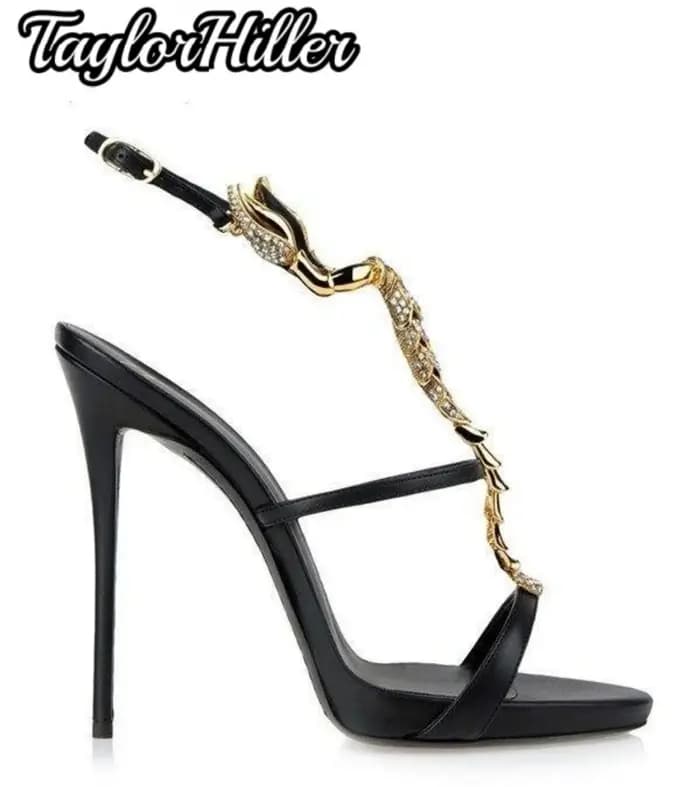 Décor doré sandales à talons en cristal à lanières