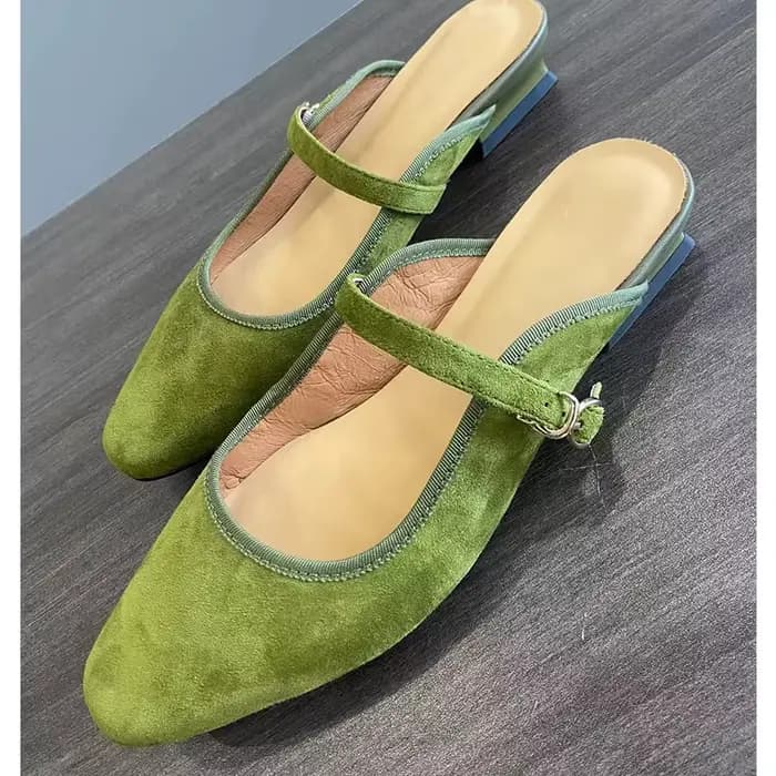 Mules d'été en daim de mouton pour femmes, chaussures en cuir, pantoufles carrées à talons bas, couverture Parker, slingback fleur, sandales vertes, nouveau