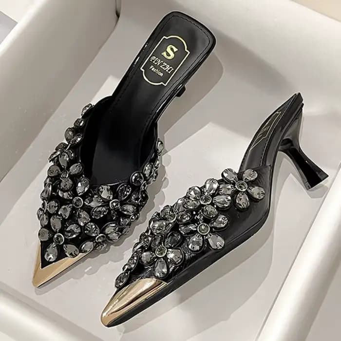 Strass de luxe bout pointu Mules pompes femmes pantoufles été nouvelle mode diapositives concepteur sandales à talons