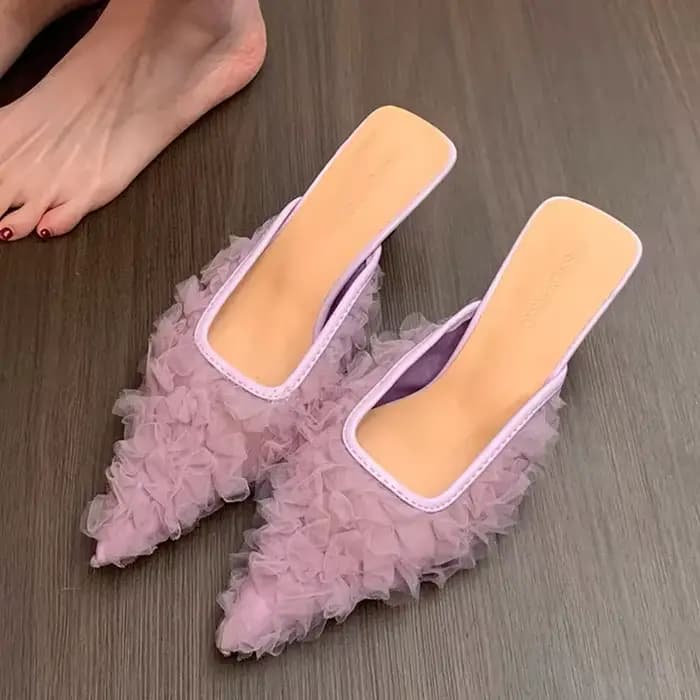 Bout pointu pantoufles à talons femmes Mules élégantes chaussures mi talons sandales 2025 diapositives de mode escarpins d'été nouvelles chaussures de luxe pour femmes