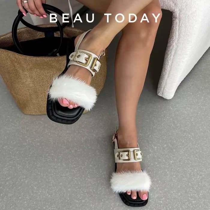 BeauToday-Sandales Plates en Cuir de Vache pour Femme, Chaussures à Fourrure Carrées, Design de Viso