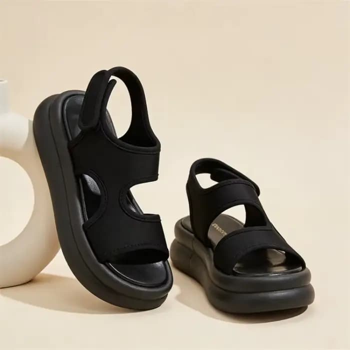 Sandales compensées noires pour femmes 2026 – Nouveauté décontractée à semelle épaisse, bout ouvert, fermeture Velcro, sandales de sport confortables et antidérapantes pour l'été, chaussures de plage