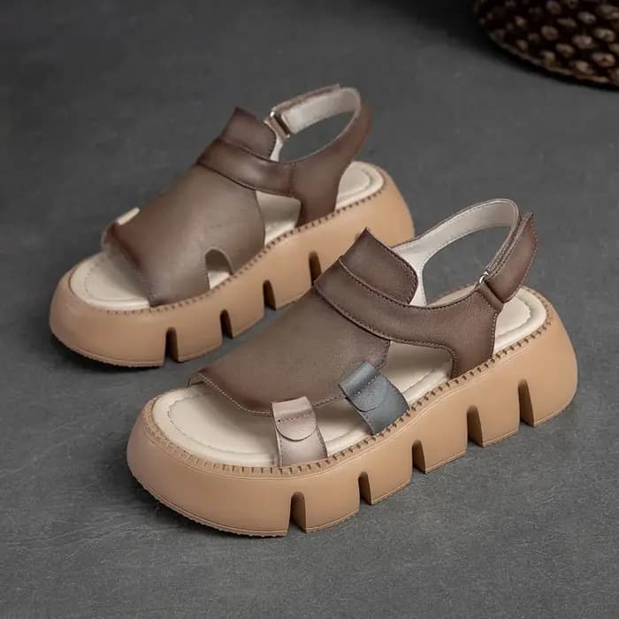 DRKANOL 2026 mode grosse plate-forme sandales femmes été chaussures à talons compensés dames en cuir véritable dentelé